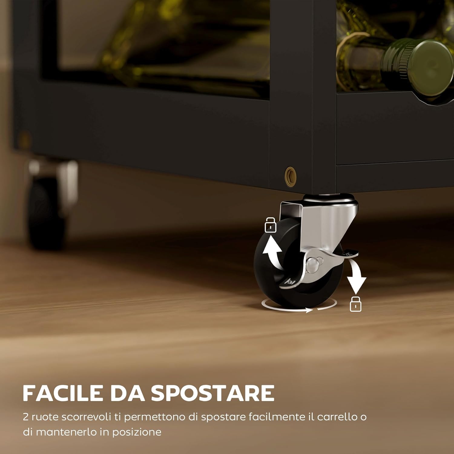 HOMCOM Kitchen Trolley with Bottle Holder, 3 Doors, 4 Wheels and Drawer, Space-Saving Kitchen Cabinet for Microwave and Spices, Wood, 67 x 37 x 87 cm, Black and Oak