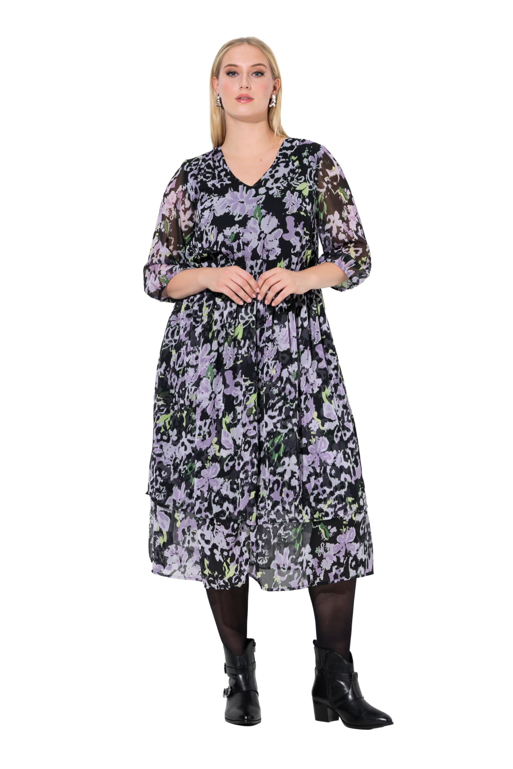 Ulla Popken Damen große Größen Übergrößen Plus Size Chiffon-Midikleid, Blüten, A-Linie, V-Ausschnitt, 3/4-Arm 845820