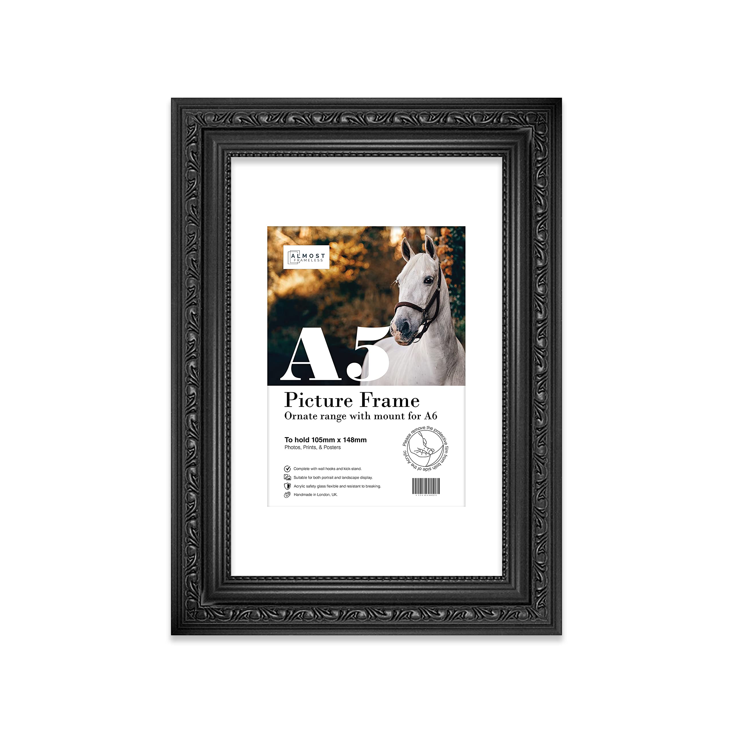 Almost Frameless A5 Black Ornate Picture Frame With White Mount for A6 (10.5 x 14.8cm - 4.1 x 5.8in) Poster, Photo, Artwork, or Print. Baroque Style Portrait and Landscape Display with Wall Hooks