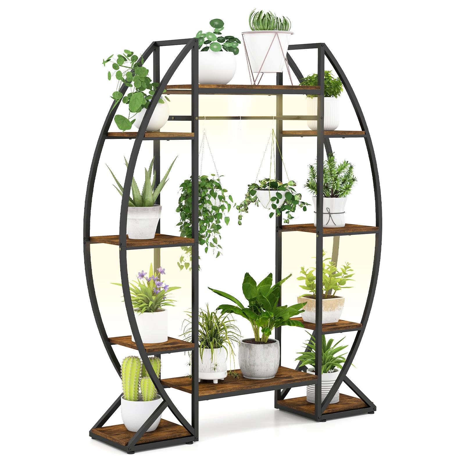 TANGZON 10 Tier Plant Stand, Curved Moon Shape Ladder Plant Shelf with Grow Lights, Hooks & Anti-tipping Kit, Metal Frame Tall Flower Pot Display Rack for Home Living Room Garden Balcony