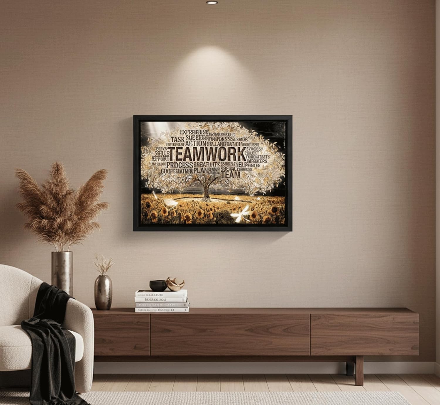 Framed Teamwork Tree Canvas Wall Art Inspirational Office Wall Decor Picture Motivation Positive Quotes And Sunflower Poster Print Painting for Living Room Bedroom Classroom Home Decoration