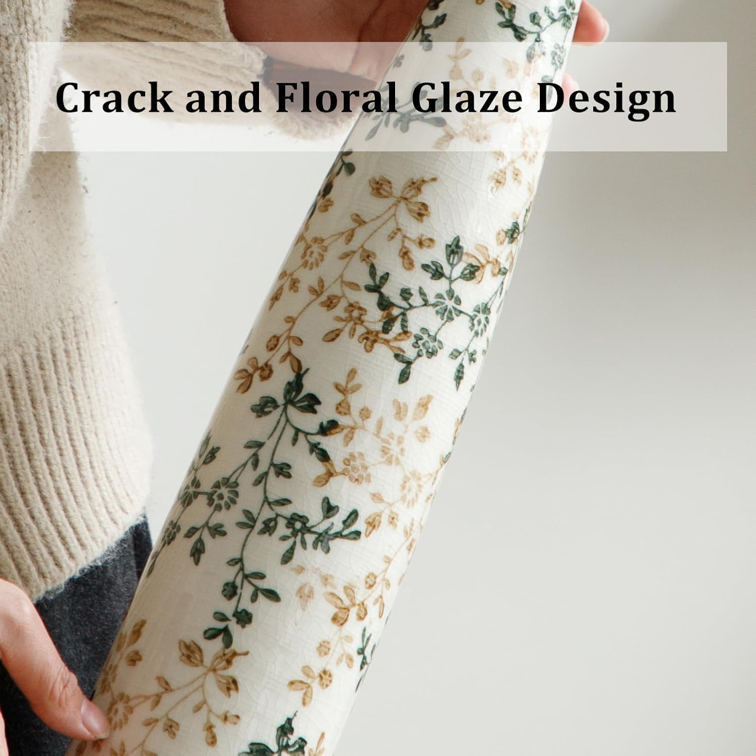 Ceramic Flower Vase, Chinoiserie Floral Ice Cracked Tall Vase Rustic Farmhouse Green Vintage Decorative Vases for Home Decor, Living Room, Table Centerpiece, Office, Bedroom Decoration (19 Inch Tall)