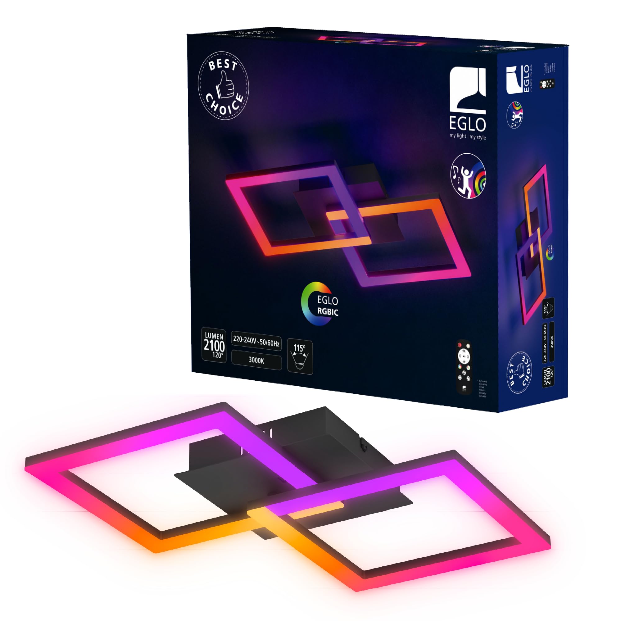 Eglo RGBIC Lámpara de techo led con diseño geométrico y efectos de luz, decoración para salón de juegos y fiestas, iluminación de techo con mando a distancia, blanco cálido y RGB, metal negro