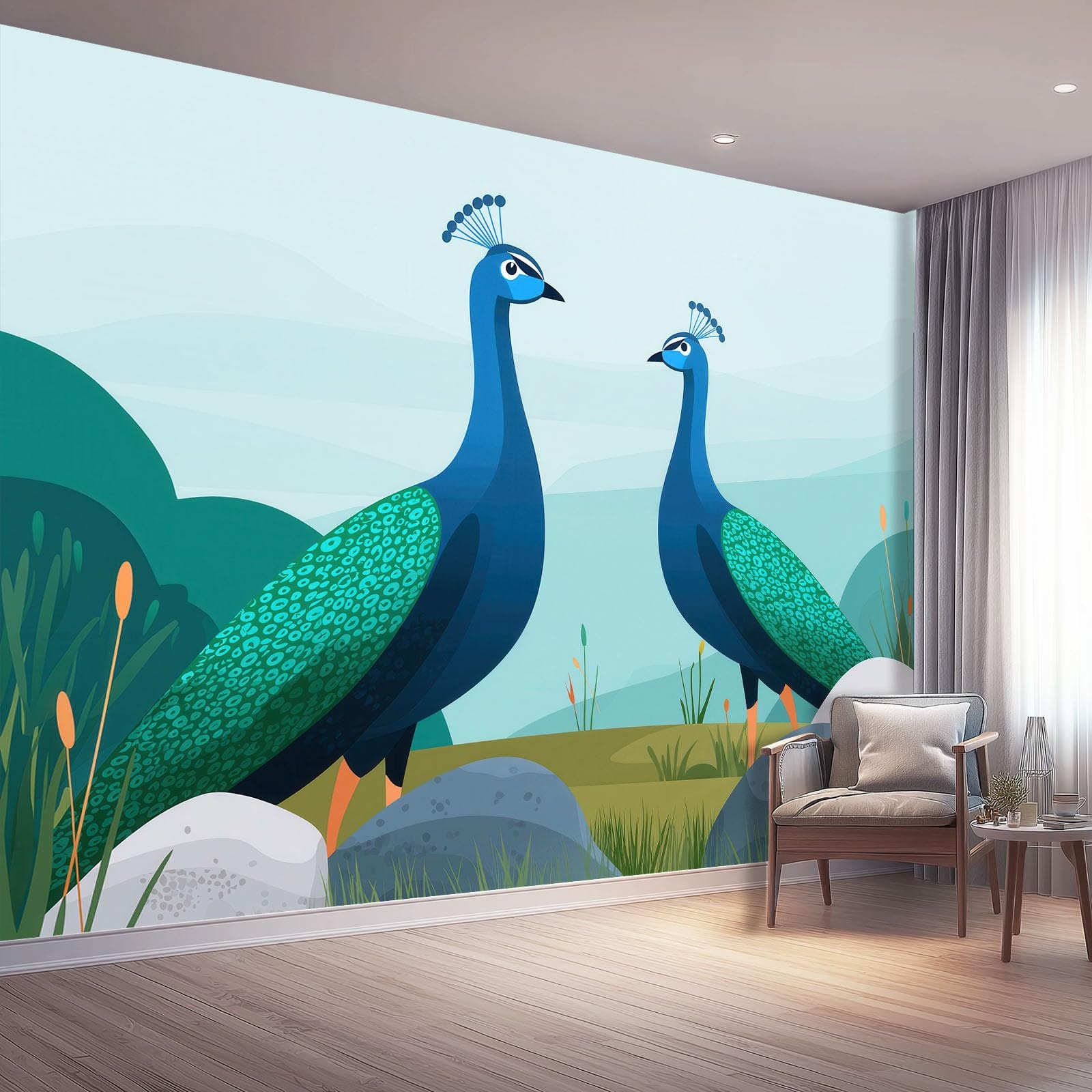 Tapeta z włókniny 200 x 140 cm, uroczy paw plakat fotograficzny na ścianę do kuchni, sypialni, restauracji, salonu, pokoju dziecięcego, dekoracja ścienna niebieski zielony