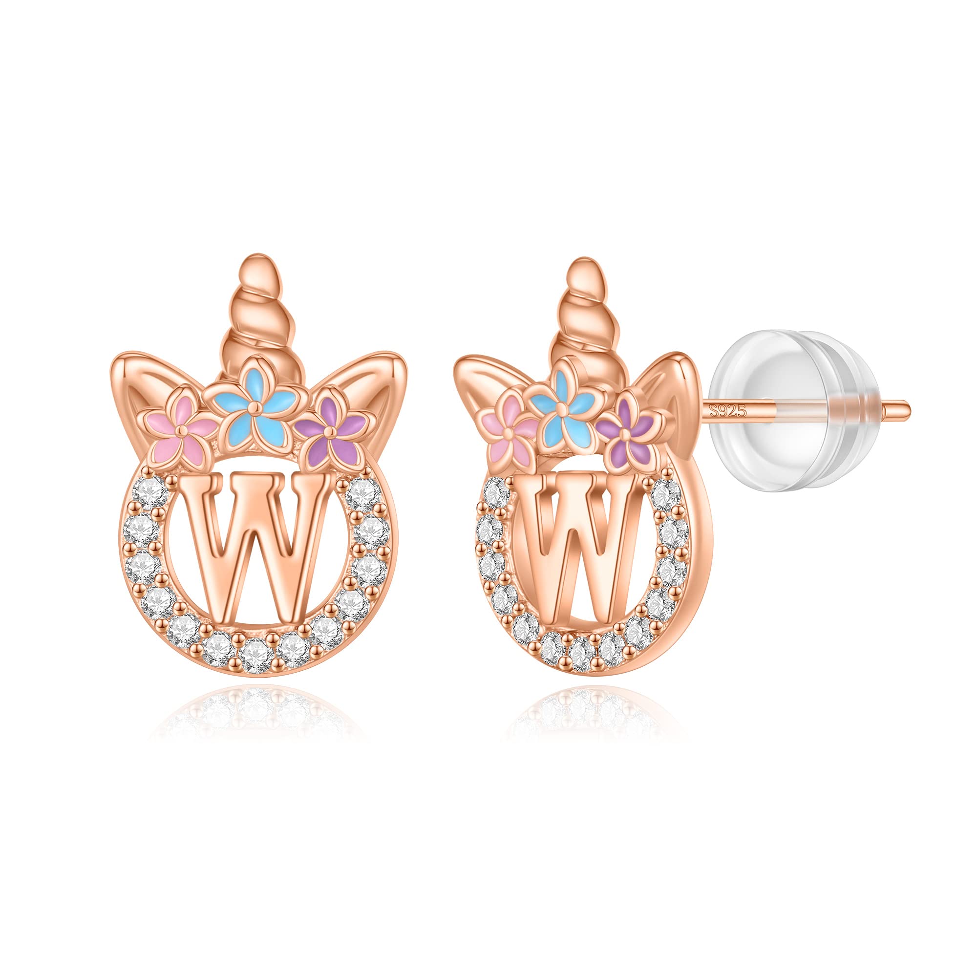 Unicorn Earrings Gifts for Girls - 925 Sterling Silver Stud Earrings Hypoallergenic Initial Unicorn Earring for Girls Kids Jewelry CZ Birthday Gifts