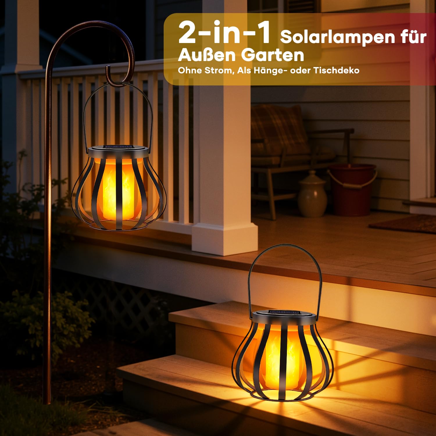 2 lanterne solari con effetto fiamma reale per esterni, IP65, impermeabili, per giardino, balcone, terrazza e cortile con sensore crepuscolare automatico, decorazione da giardino, Senza gancio e base
