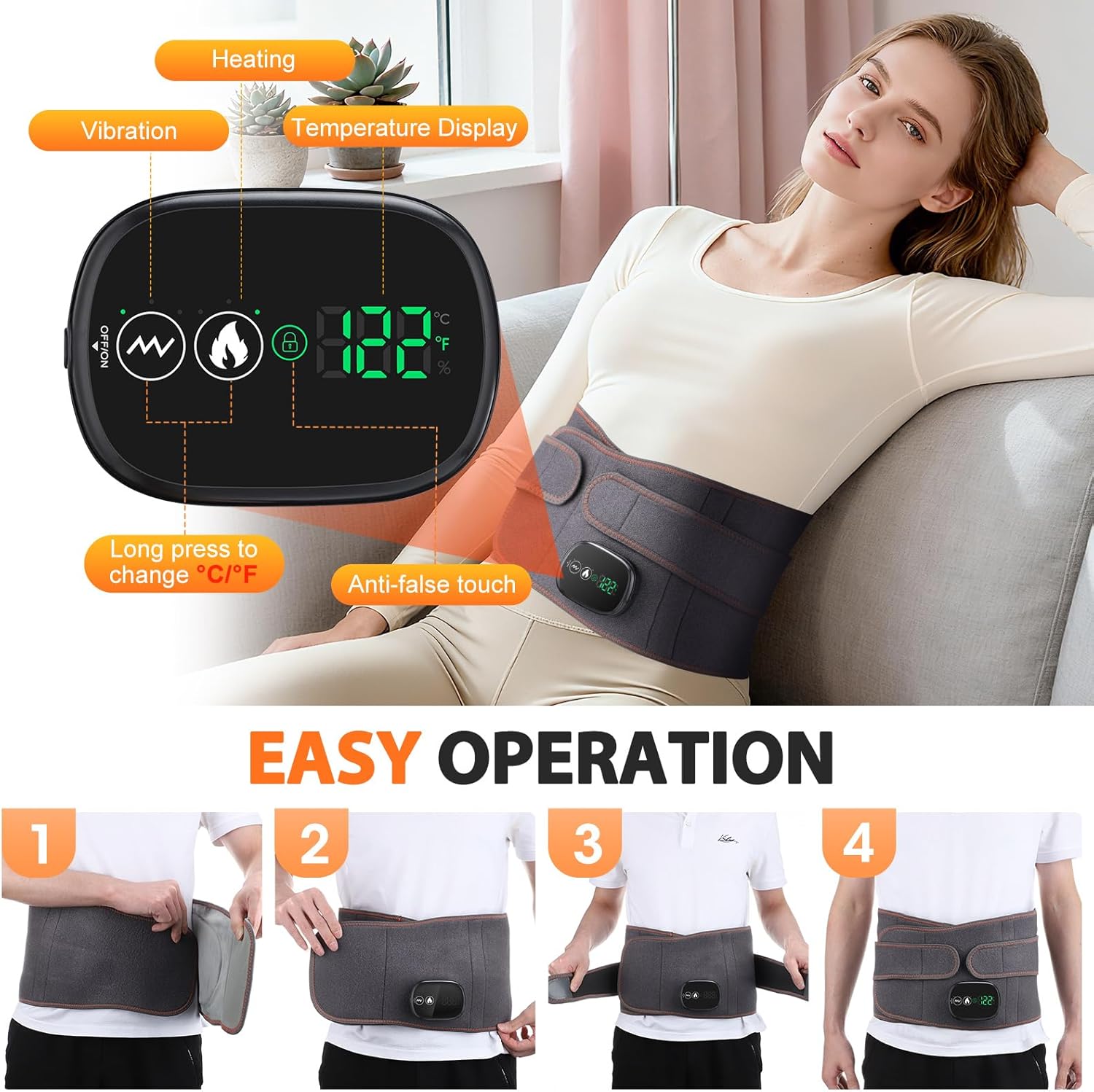 Cordless Heating Pad for Lower Back, Heated Waist Massager, Red Light Therapy Belt for Body, Adjustable Electric Heating Wrap for Waist, Abdomen, with 3 Heat & 3 Vibration Levels, 5000mAh Battery - Image 5