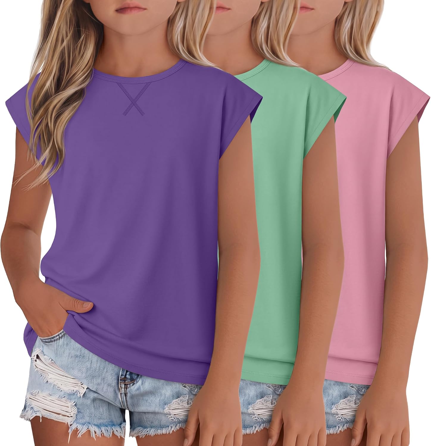 3 Pack Girl's Short Sleeve Shirts Kids Cap Sleeve Crewneck Tops Casual Summer Loose Fit Tees for Teens