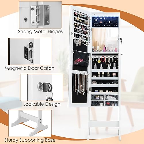 Miniatura 6 de GOFLAME Gabinete de joyería independiente organizador de armario de joyería con cerradura con espejo sin marco de longitud completa cajones de