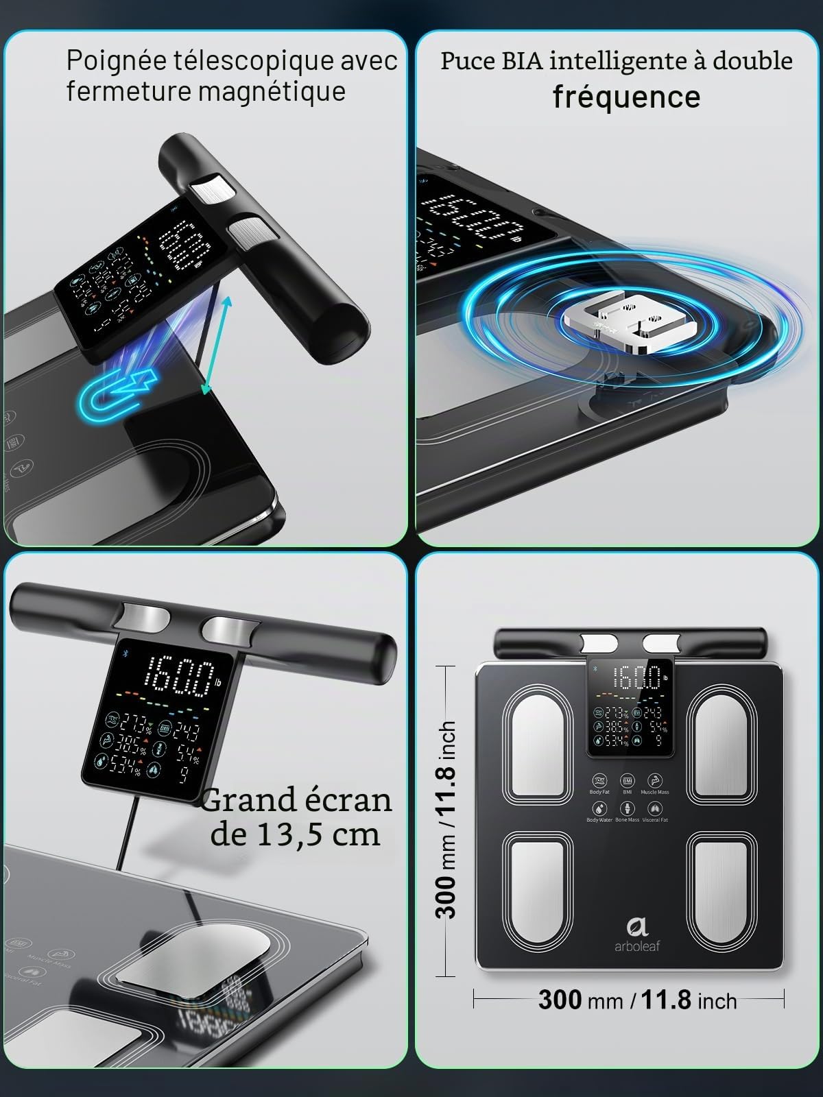 arboleaf Balance Impedancemetre Connectée à 8 Électrode avec 50+ Mesure IMC | Balance Pese Personne, avec Grand écran sur Poignée, Mesure Composition Corporelle Complète, Bluetooth App, 180 kg / 400 lb