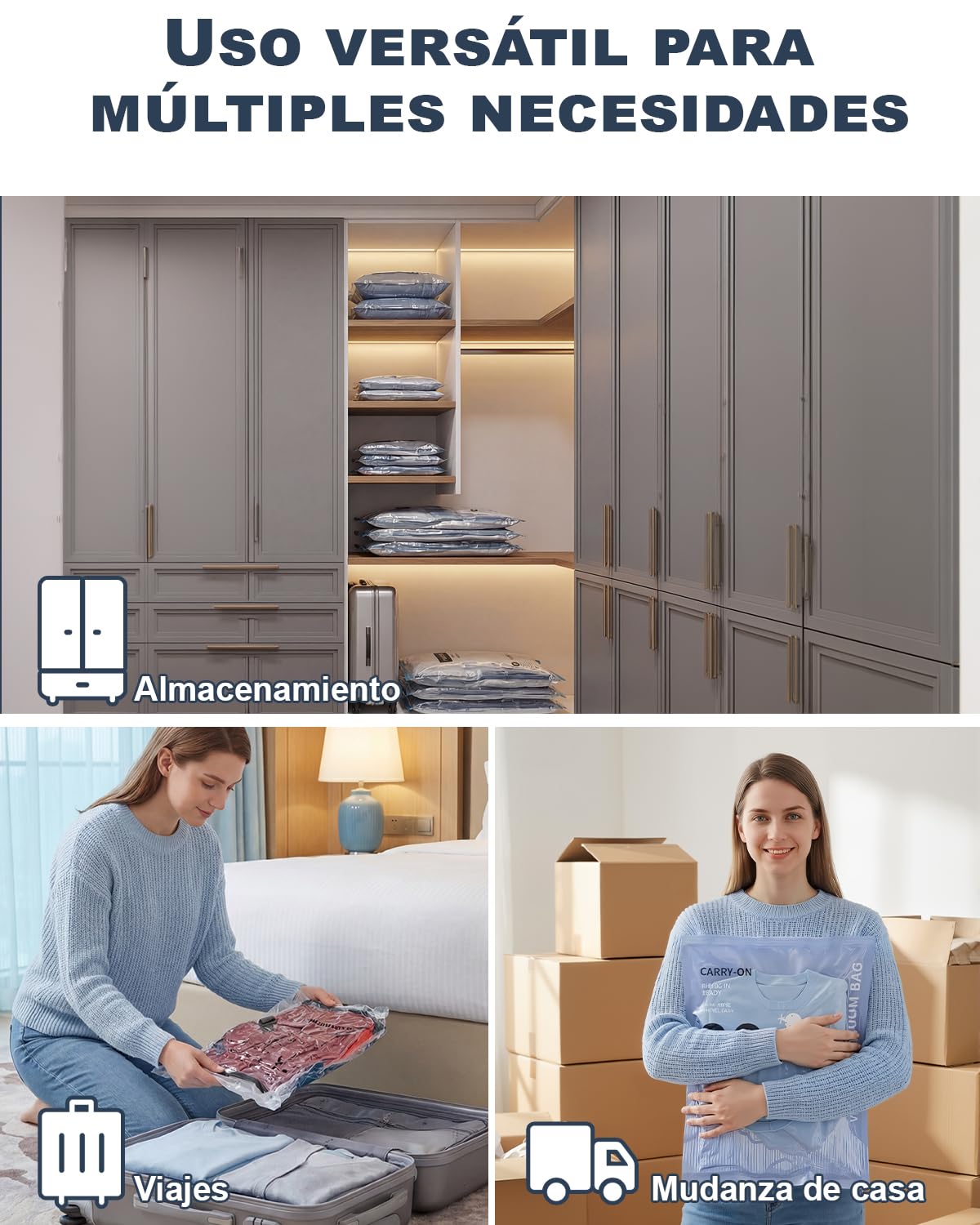Paquete de 12 bolsas de almacenamiento al vacío (4 de 100 x 80 cm, 4 de 74 x 54 cm y 4 de 64 x 47 cm) con bomba eléctrica y doble cremallera, impermeables y herméticas. — view 8