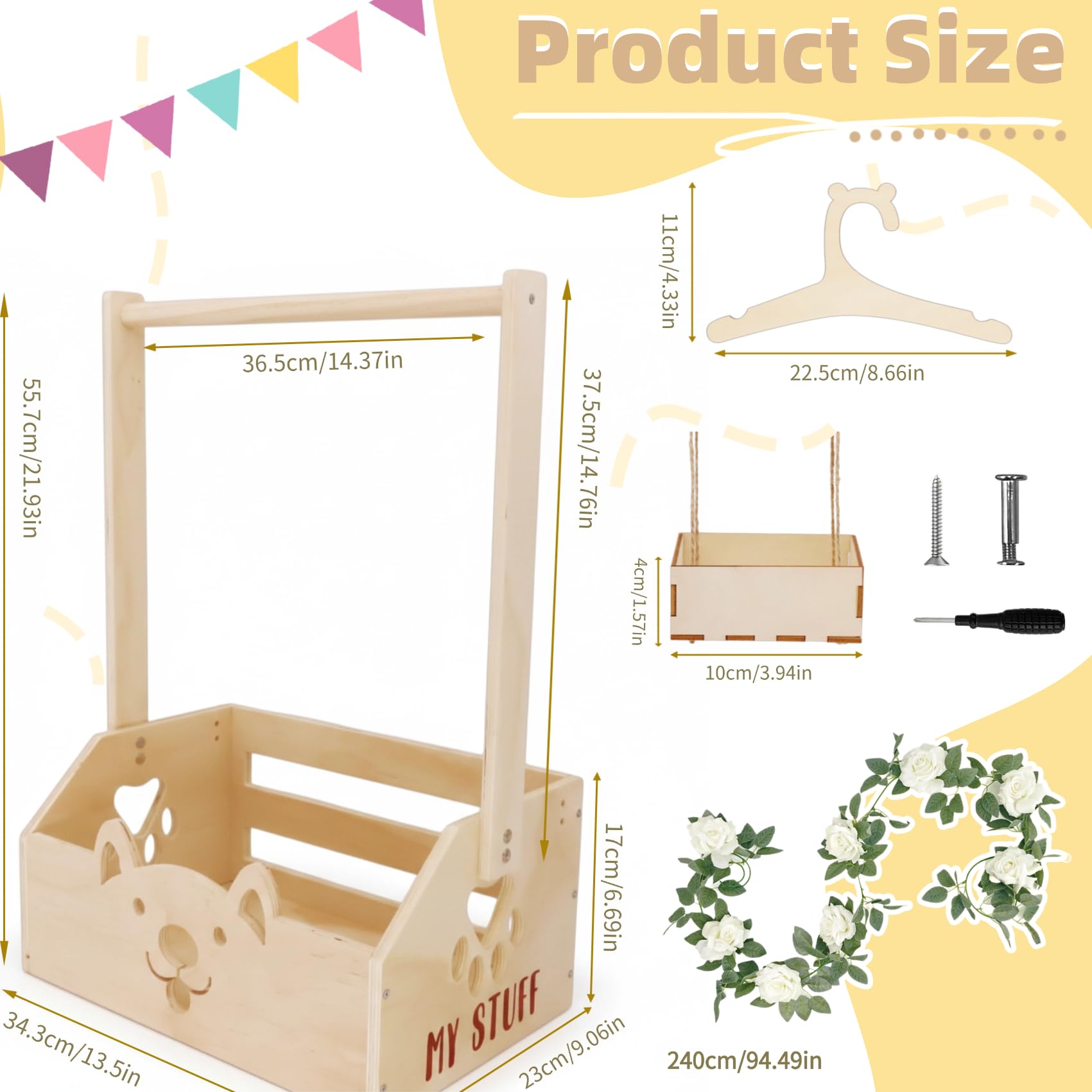 Baby Geschenkset zur Geburt, Personalisierte Babygeschenke für Mädchen & Jungen Boho Baby Geschenkkorb mit Griff, Kleiderbügel und Deko Ideal für Babyparty& Taufe (Weiße Rosen-Holzkiste)