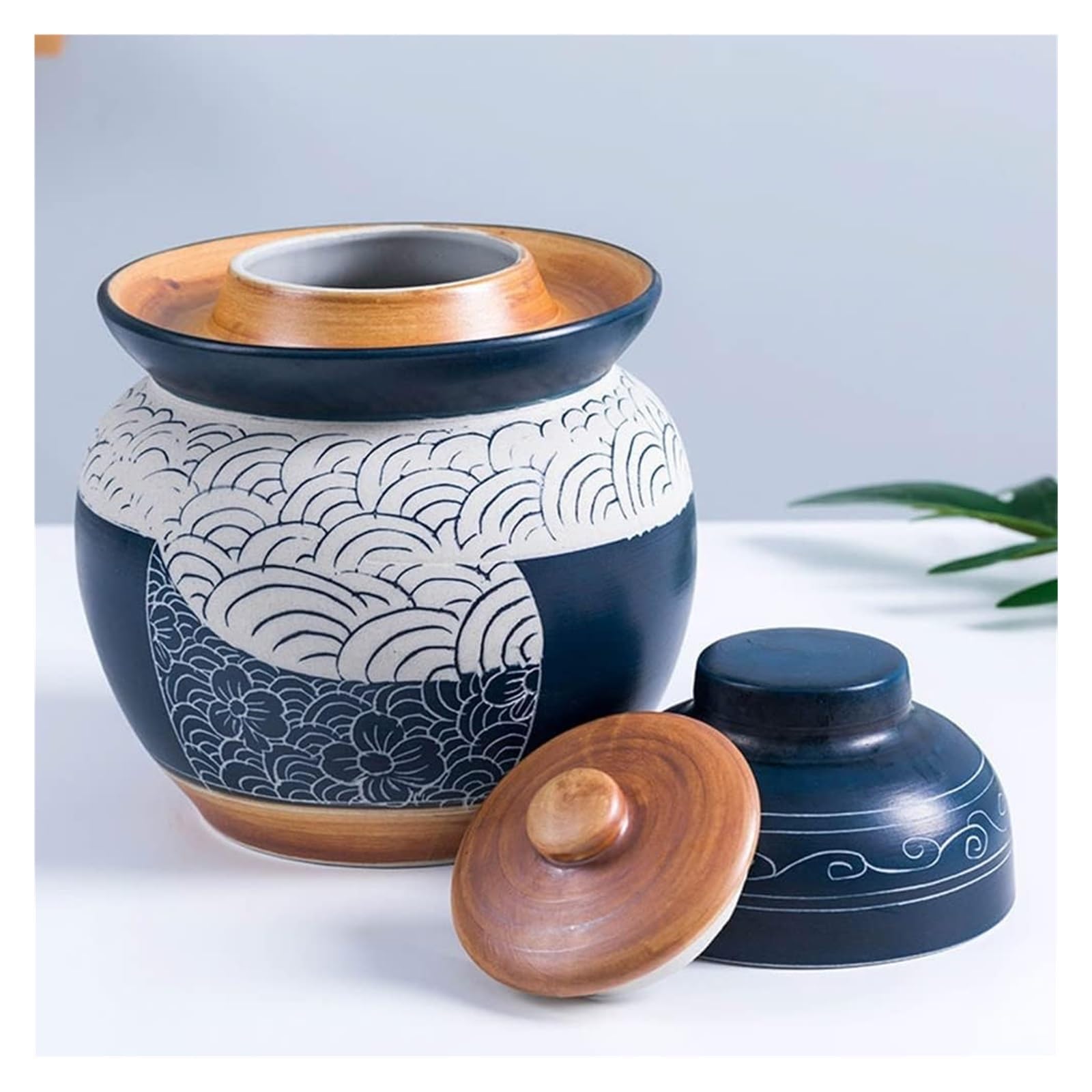 Ceramiczny garnek do marynowania naczyń fermentacyjnych, tradycyjny chiński słoik do fermentacji porcelany z uszczelką wodną pokrywką śluzy kamionkowej,Słoiki na kiszoną kapustę(5KG)