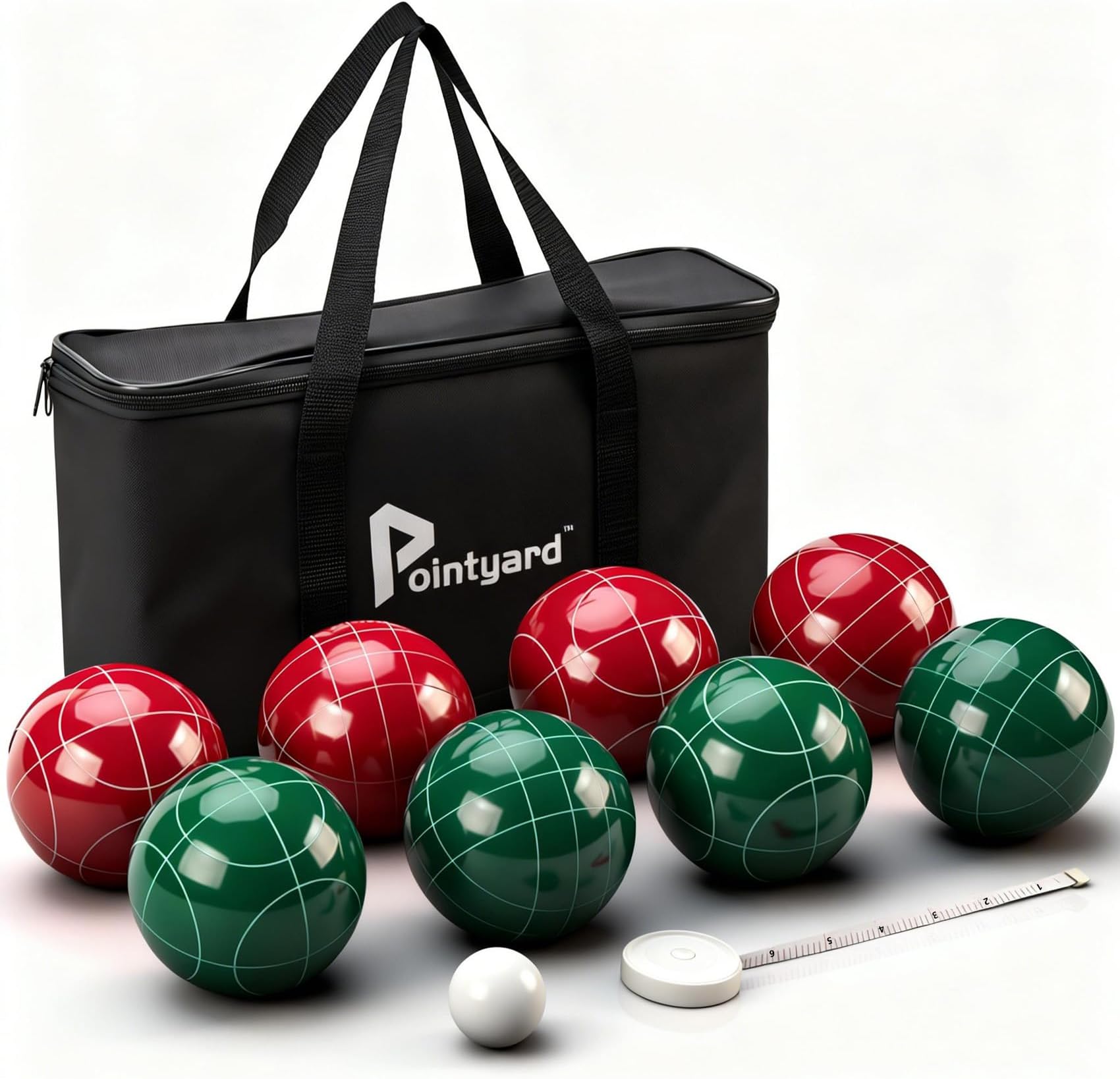 Bocce Ball Set, 90mm Classic Bocci Ball Set with 8 Resin Bocce Balls/1 Pallino/Nylon Zippered Bag/Measuring Tape - Outdoor Family Games for Backyard/Lawn/Beach (Red & Green)