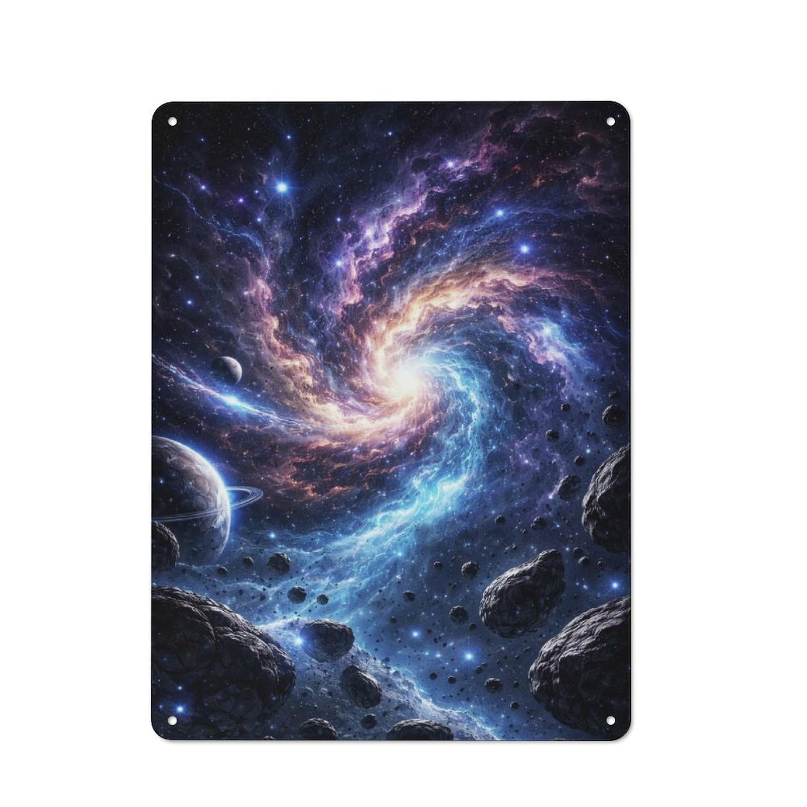 Loft Style Metal Wall Art Sign 40x30cm Featuring Cosmic Swirl Nebula with Planets And Asteroids, Urban Room Decor for Loft, Studio, Office Or Creative Room