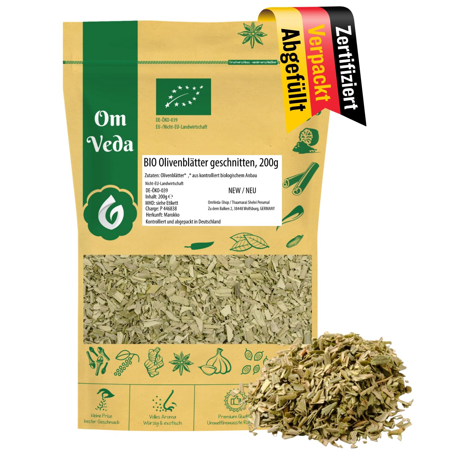 BIO Olivenblätter Tee | Olivenblättertee mit mild-herbem Geschmack | geschnitten und getrocknet | Hochwertig & Naturbelassen | Perfekt für Tee & Gewürzmischungen | OmVeda (200g)