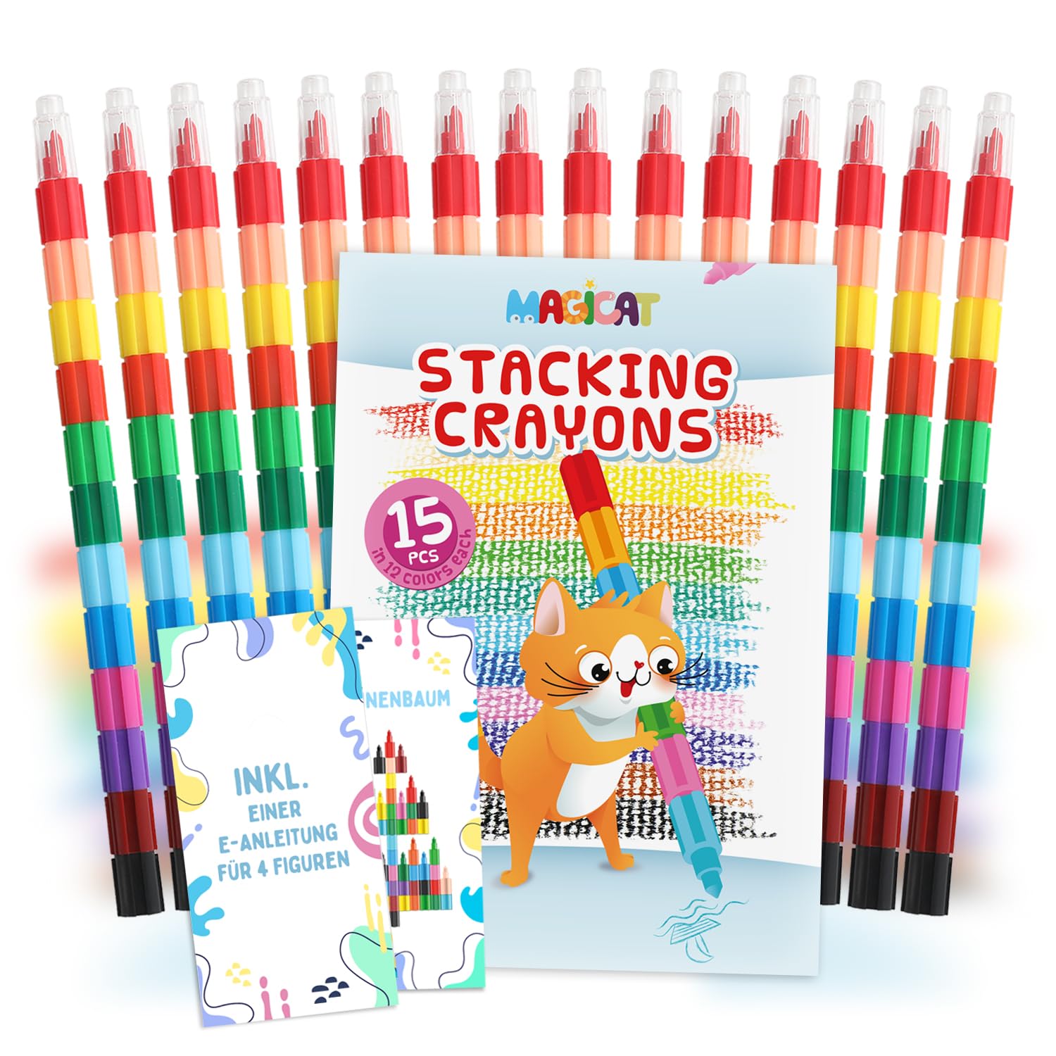 Magicat 15 ceras de colores apilables I crayones para niños I 12 colores cada uno, lapices de bloques de construcción I regalo alumnos primaria, cumpleaños, alumnos I Prüfenge probado con nota 1.3