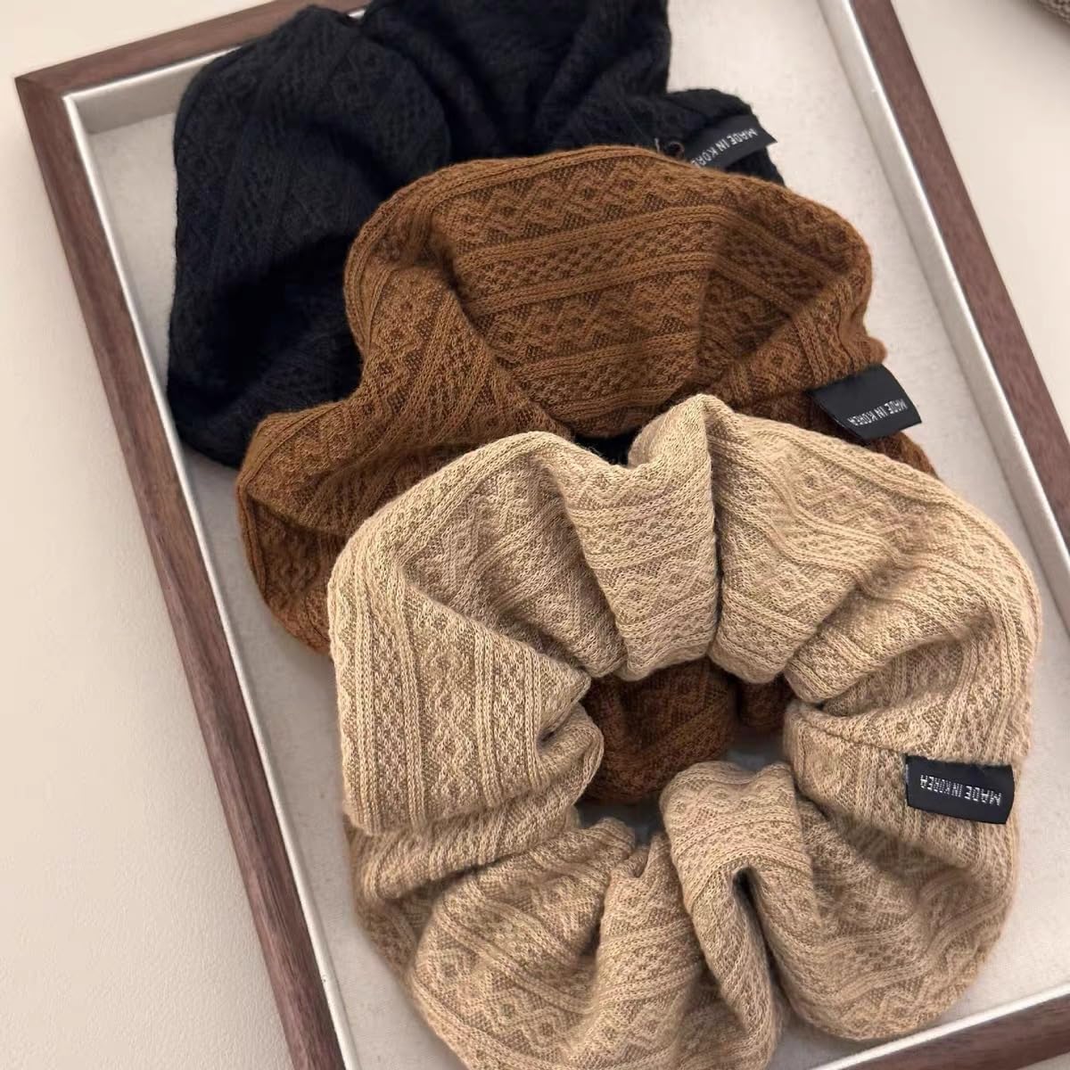 Scrunchies for Women's Hair 3Pcs Brown Camel Black Knit Scrunchies for Long Thick Curly Hair Ultra Textured Soft Hair Bands Neutral Scrunchie Cute Ponytail Holders No Damage Elastic Hair Ties