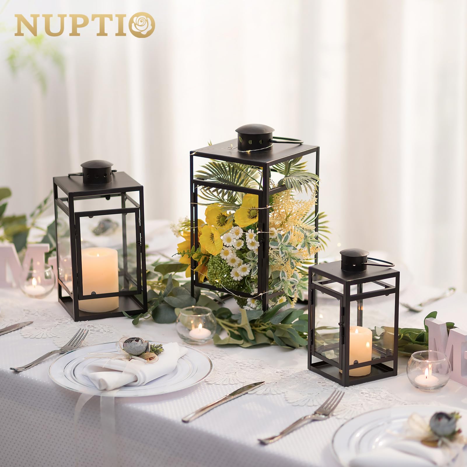 NUPTIO Laternen Set Schwarz für Kerze: 33/26/20cm Hoch Metall Laterne Deko Outdoor Groß Friedhof Wetterfest Kerzenlaterne Draußen Garten Kerzenhalter Windlicht Gartenlaterne Grablaterne