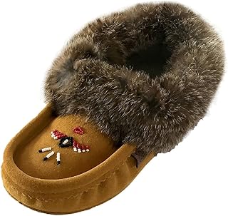 Women's Indoor Suede Slippers with Rabbit Fur Collar Moccasins