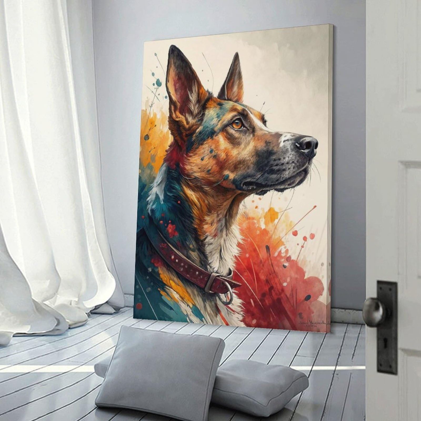 Junmoney Colorful German Shepherd Portrait Canvas Wall Picture, 24x36inch(60x90cm), for Wall Displays, Bedrooms Or Room Updates, Wall Decor Suited to Curated Displays