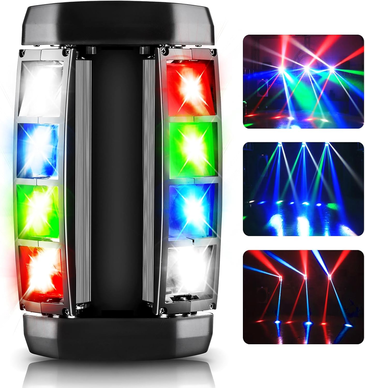 AGPTEK 4-in-1 LED Moving Head Stage Light, front view with colorful light beams