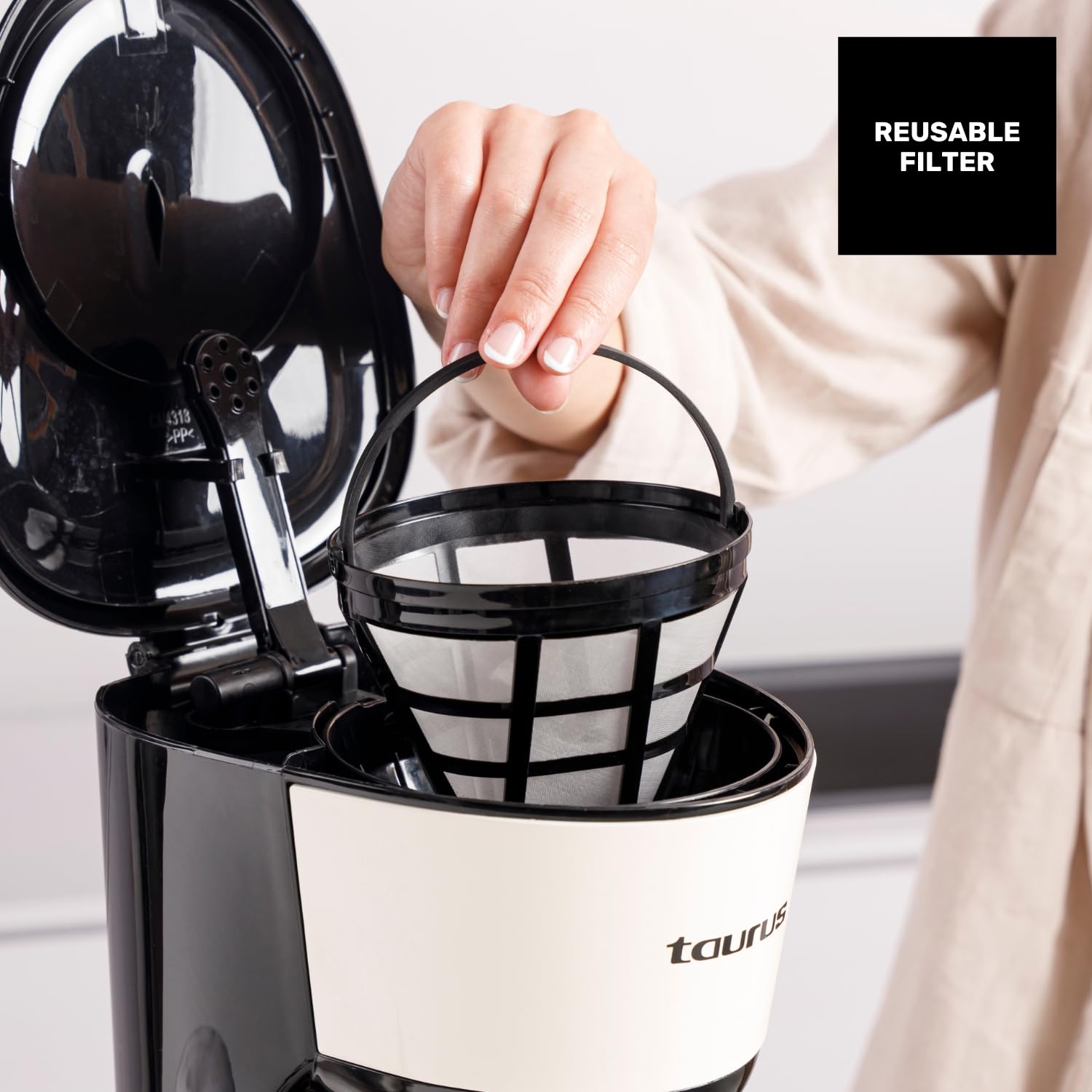 Cafetière Filtre Taurus Verona 12 - 1000W, 12 Tasses - Filtre Réutilisable, Carafe En Verre, Plaque Chauffante - Design Inox