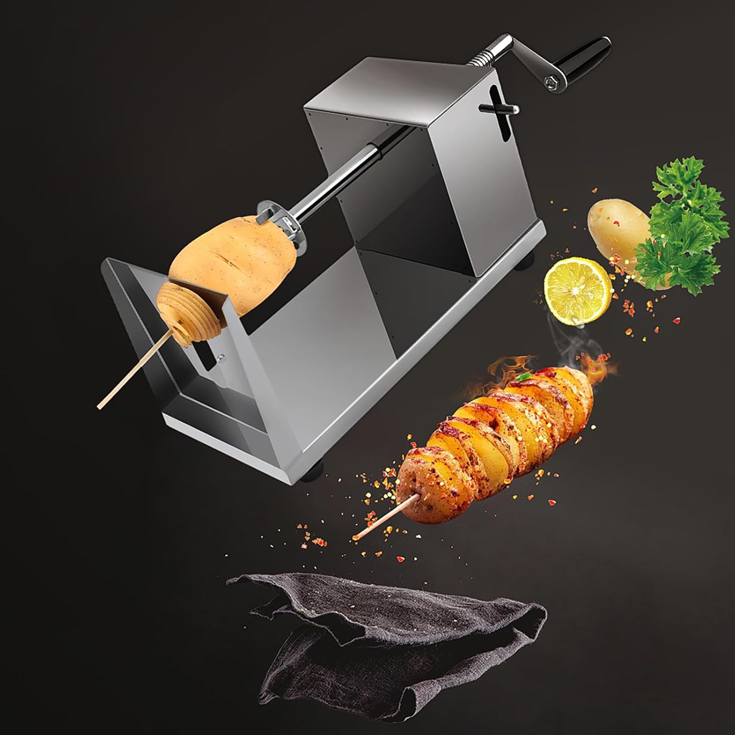 Detailed view of the Uten Potato Twister Spiral Potato Cutter components, including the durable handle, non-slip base, stainless steel blade, fixed shaft, fixed lock, and spiral shaft, with key dimensions.