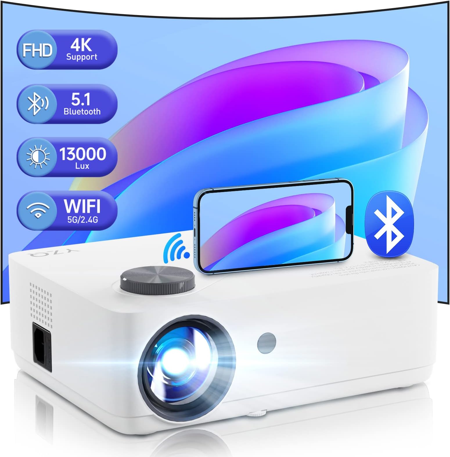 Projector with 5G WiFi and Bluetooth, 4K Support YZQ 500 ANSI Lumen 300'' Display Projector