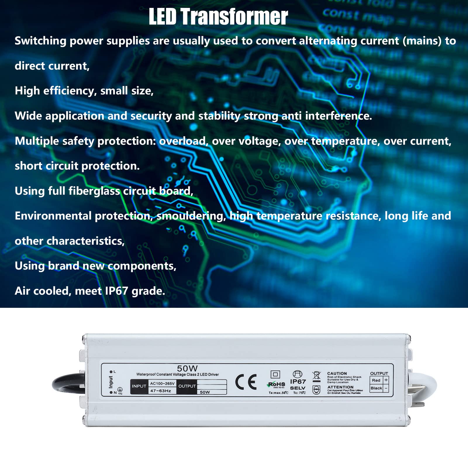 Driver LED 50W 12V/24V Impermeabile IP67 Trasformatore LED Alimentatore LED da 100~265V AC a 12V/24V DC Uscita a bassa tensione per luce LED, Computer Project, Industrial(Spine UE-24V)