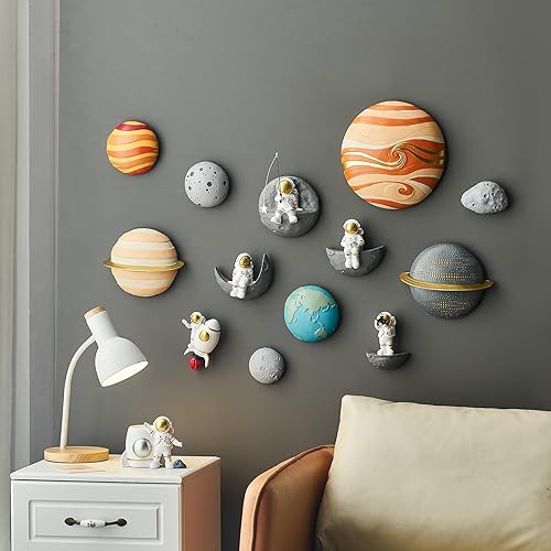 Miniatura 6 de Decoración de astronauta 3D para pared, juego de 5 decoraciones temáticas del espacio exterior, esculturas de pared de astronauta, decoración de