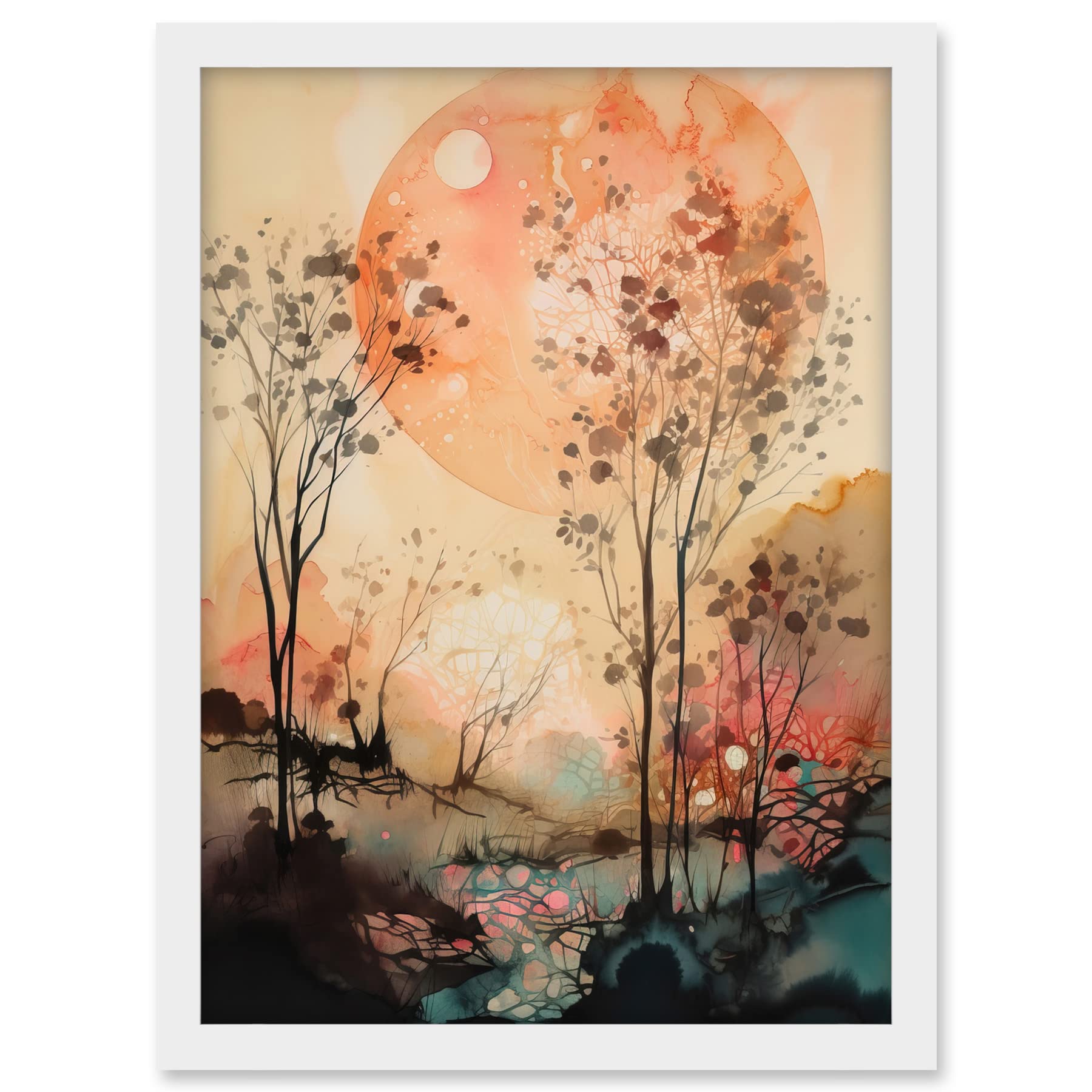 Artery8 Misty Riverside Trees Sunset Landscape Modern Boho Watercolour Painting Artwork Framed A3 Wall Art Print