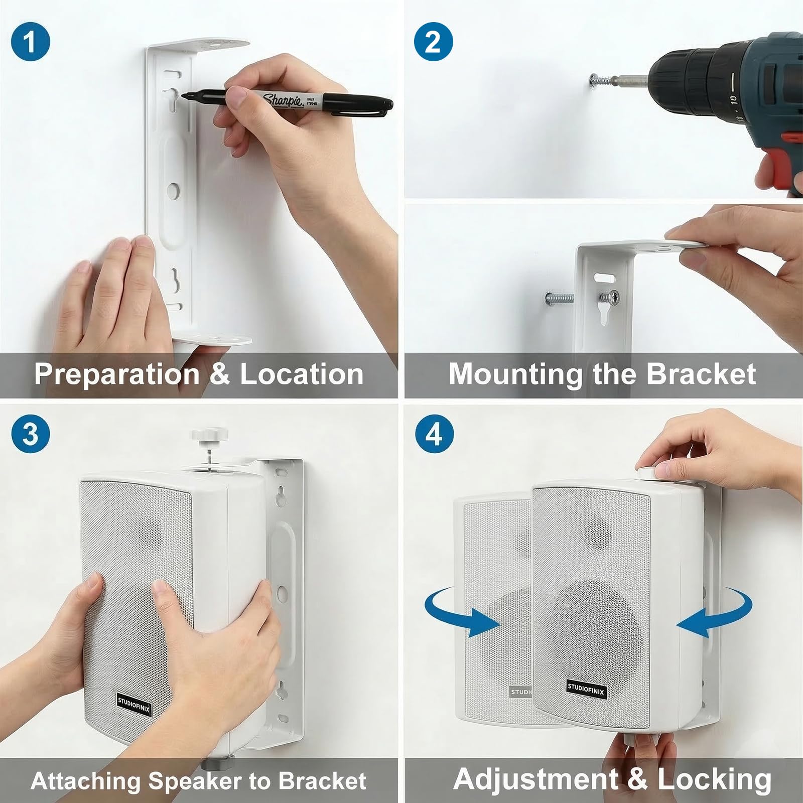Enceintes murales STUDIOFINIX 4 Pouces 200W étanches Bluetooth 5.1, Multi-Sync + télécommande IR. Intérieur/extérieur, terrasse, Garage, Jardin (401BLE, Blanc, Paire)
