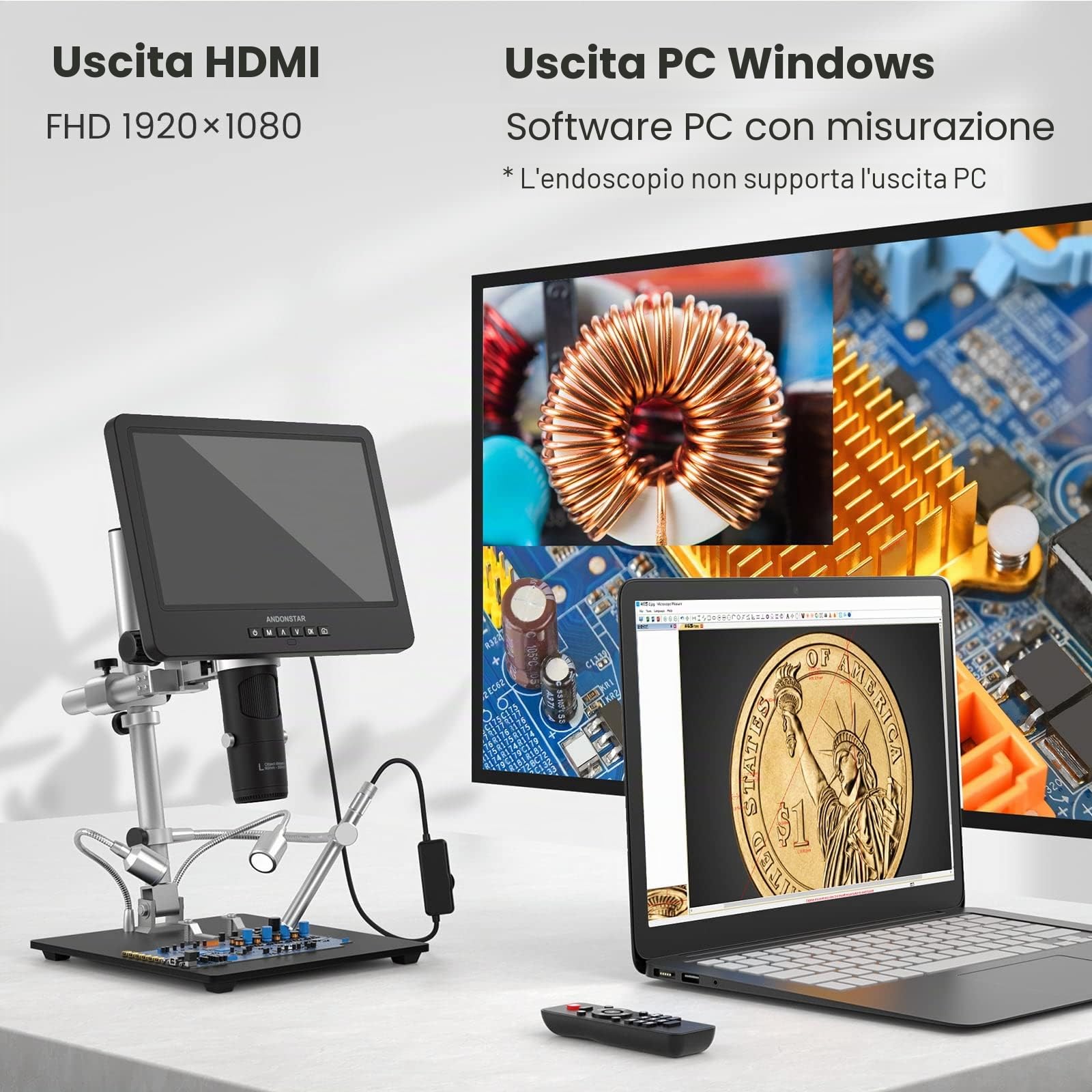 Andonstar AD249S-M - Microscopio digitale HDMI a 3 lenti 2000x con endoscopio, registrazione video UHD 2160P, LCD da 10,1 pollici, microscopio elettronico a saldatura, biologico a moneta, compatibile