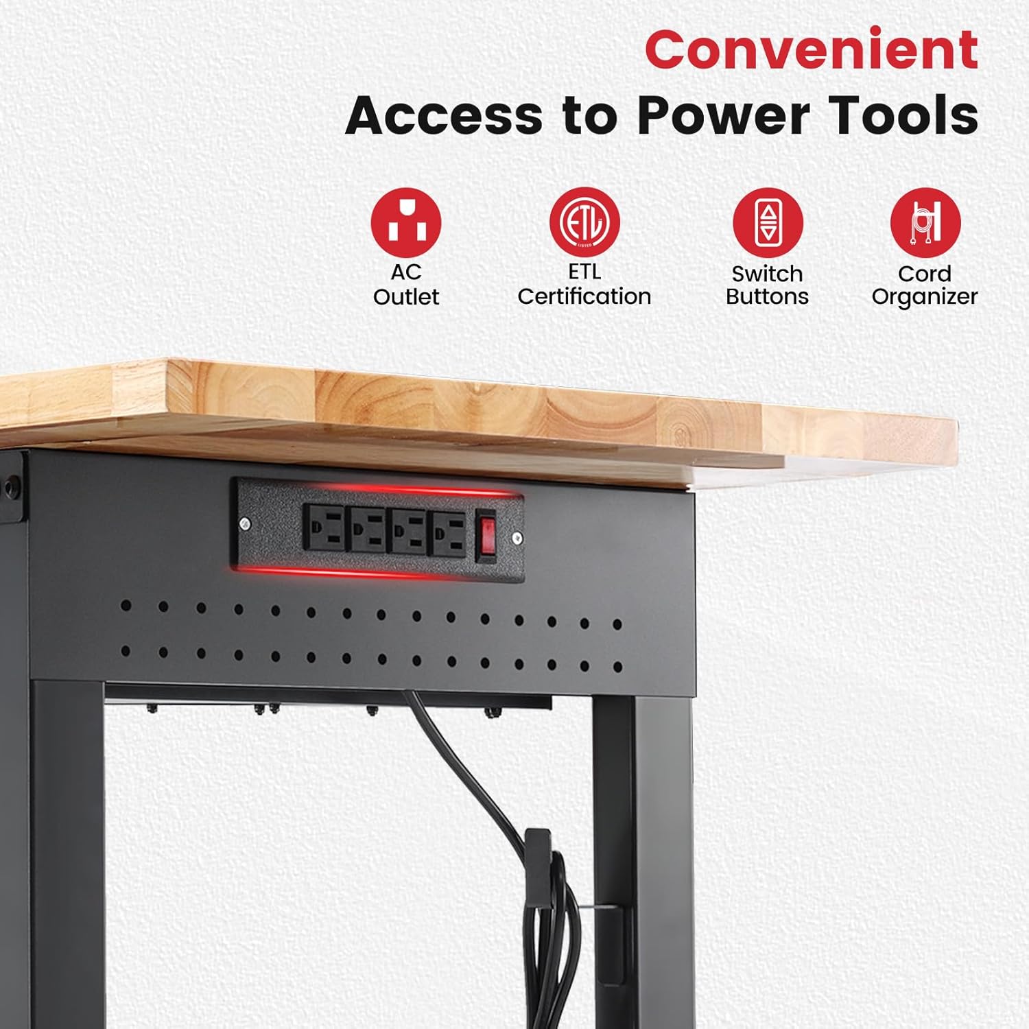 ENJOYWOOD Work Bench for Garage with Drawers 60 x 22 Inch Heavy Duty Rubberwood Tabletop Work Table with Pegboard, Power Outlets Adjustable Workbench for Woodworking Shop, Home, Office, Electronic