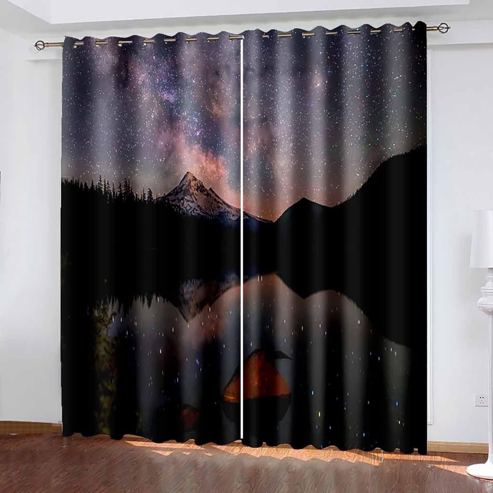 Rideau Noir Anniversaire, Rideau Occultants Polyester Lac Montagne Ciel Étoilé 102L x 229H CM Lot de 2