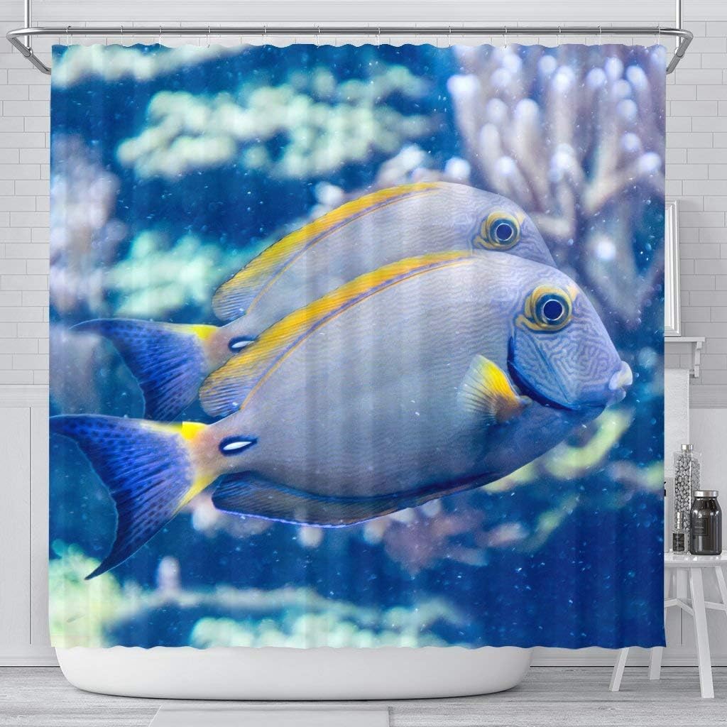 Grey and Yellow Tang Fish Print Shower Curtain
