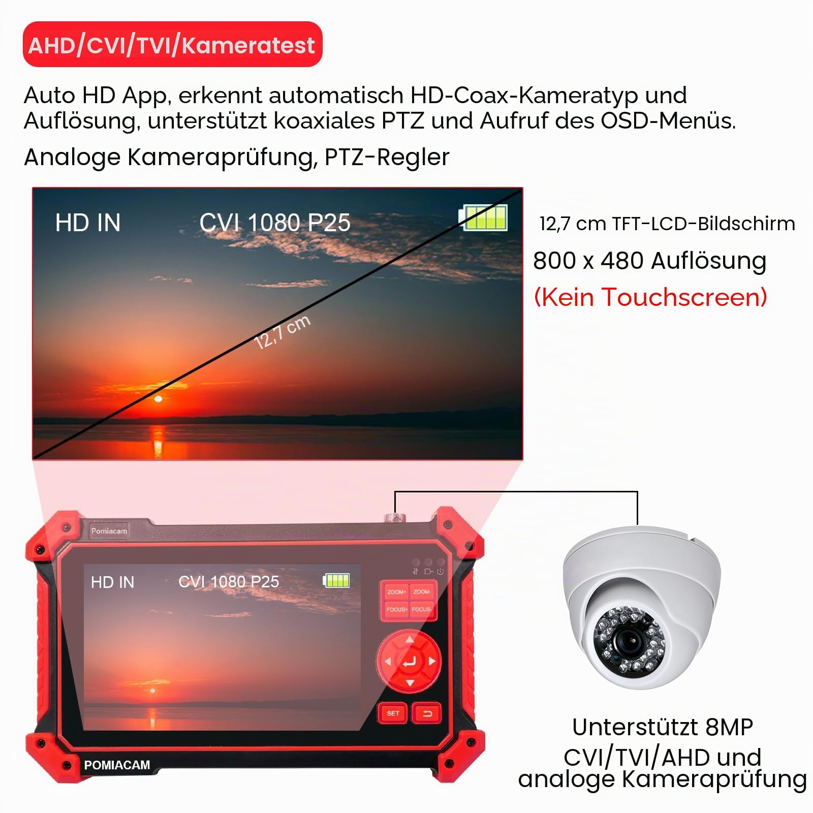CCTV-Kameratester, HD-2950, 8 MP TVI CVI AHD CVBS Analog-Kameratester, 12,7 cm (5 Zoll), TFT-LCD-Bildschirm, UTP-Kabeltest, HDMI- und VGA-Eingang, RS485 PTZ-Steuerung, Audio-Test, 12 V