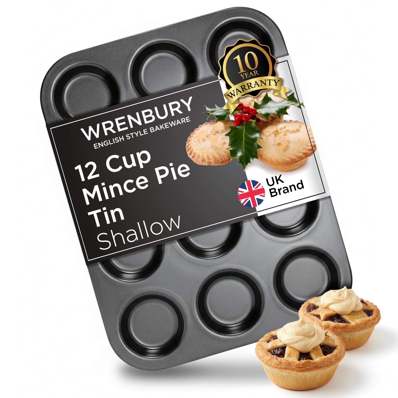 Wrenbury Backform für 12 Muffen, flach, antihaftbeschichtet, für Mince Pies, Marmeladenkörtel, Mini-Yorkshire Puddings