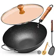 WANGYUANJI Flat Bottom Wok Pan, 12.6 Inch Carbon Steel Stir Fry Pan with Lid, Uncoated Heavy Duty Iron Woks for Cooking, Compatible with Induction Gas Electric Stovetops, Deep Frying Skillet Cookware