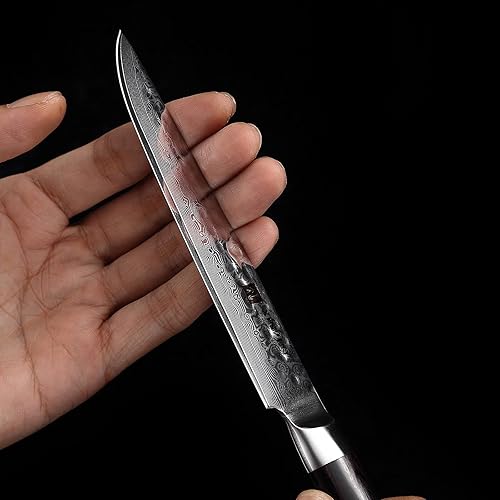 Miniatura 7 de XINZUO Juego de cuchillos para carne de 5 pulgadas, 4,67 capas forjados de damasco con caja de regalo, ultra afilados, mango de madera de Pakka