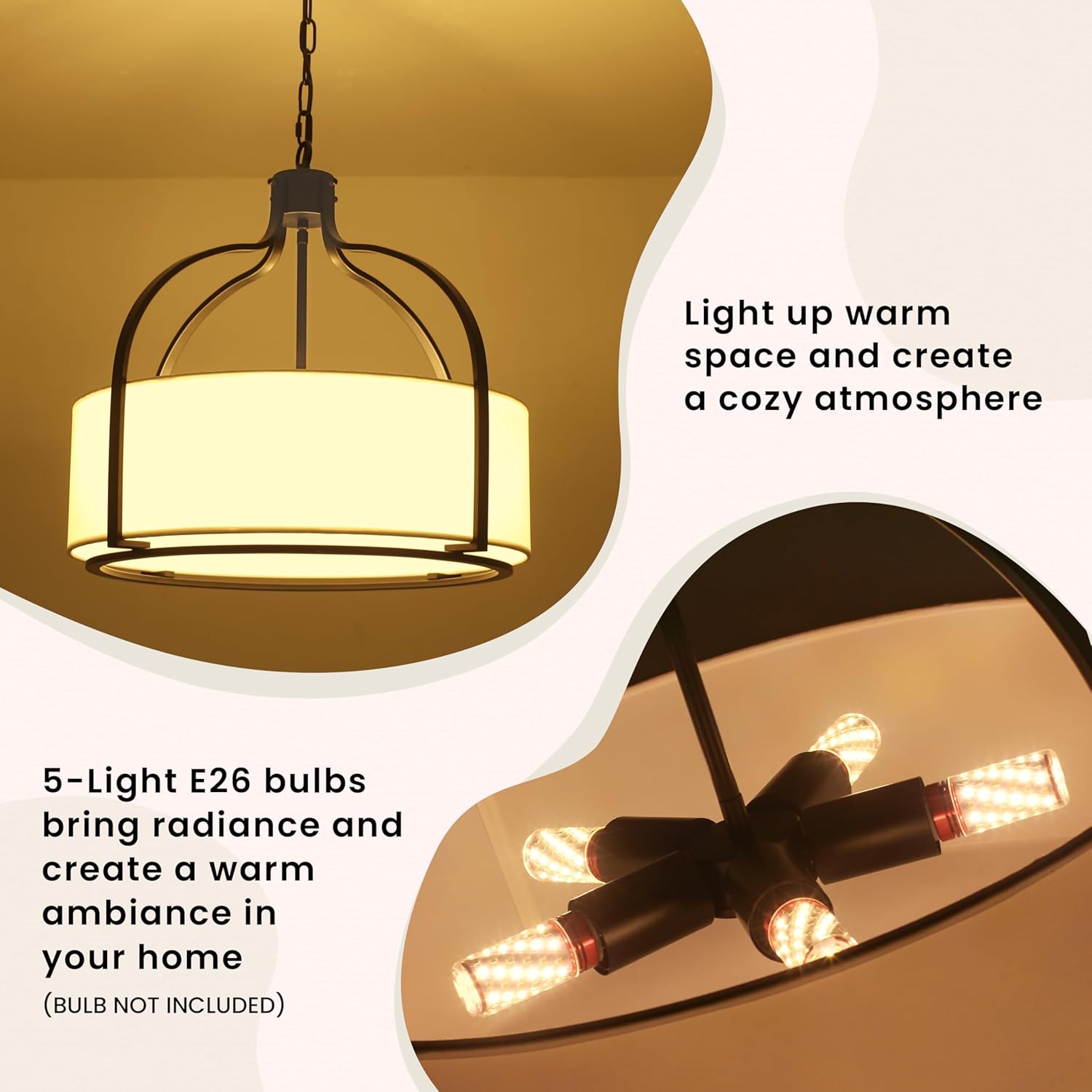 20.5'' Modern Black Drum Chandelier, 5-Light Large Farmhouse Chandeliers for Dining Room Hanging Light Fixture Drum Pendant Light with White Fabric Shade for Kitchen Living Room Foyer Entryway Bedroom