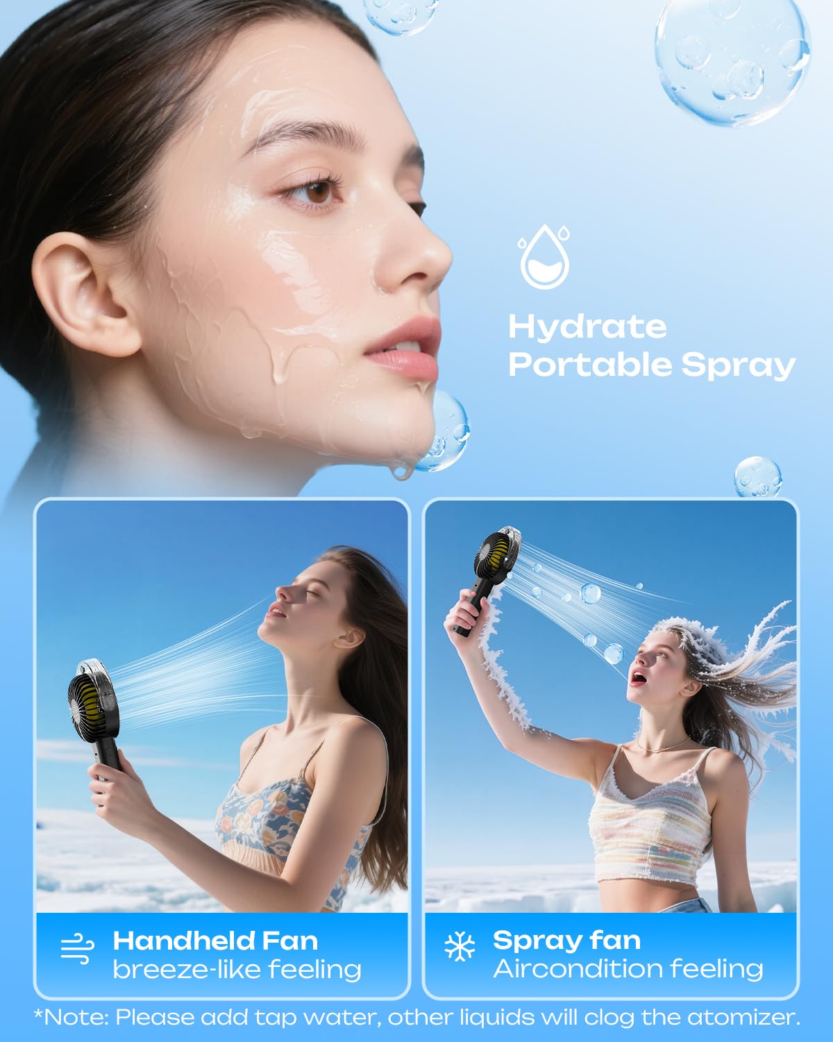 Otlonpe Ventilatore nebulizzatore portatile portatile, alimentato a batteria da 4000 mAh, ventilatore personale con nebulizzazione a spruzzo d'acqua, 4 velocità, ricaricabile tramite USB, per spiaggia