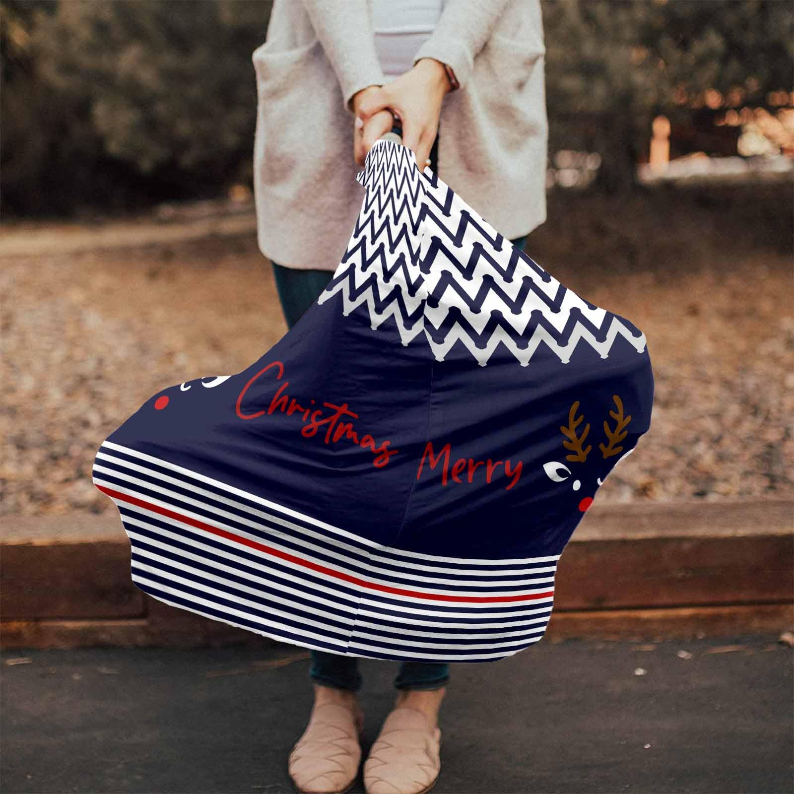 Nursing Cover for Breastfeeding Scarf, Navy Blue Polyline Strips Cartoon Deer Christmas Baby Car Covers Super Soft Multi Use for Canopy Shopping Cart Cover Blanket Stroller Cover