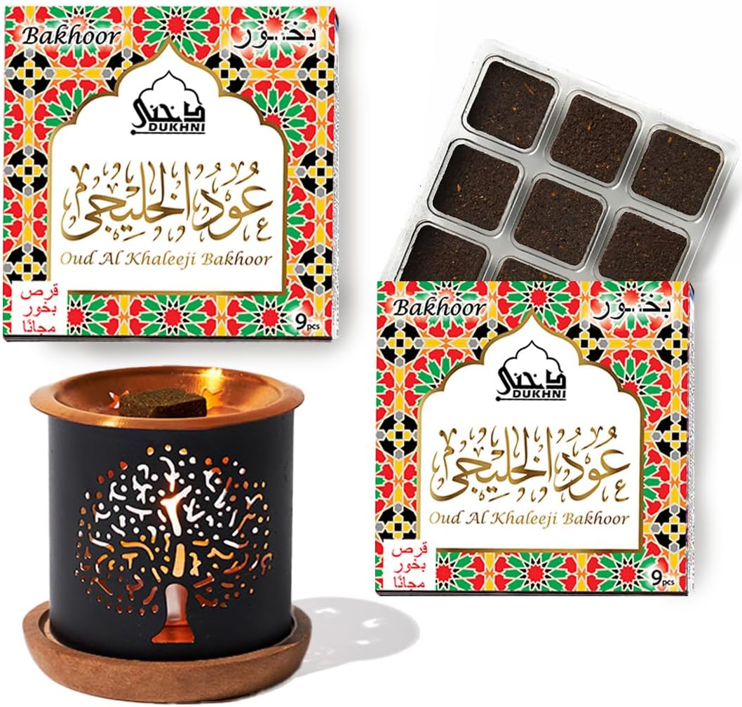 Oud Al Khaleeji Bakhoor Set by Dukhni | 2 x 9 Piece Each & Tree Bakhoor Burner | Arabic Bakhoor Incense | Citrus, Spicy Oud Blend | Perfect for Prayer Time | to Relax & Meditate