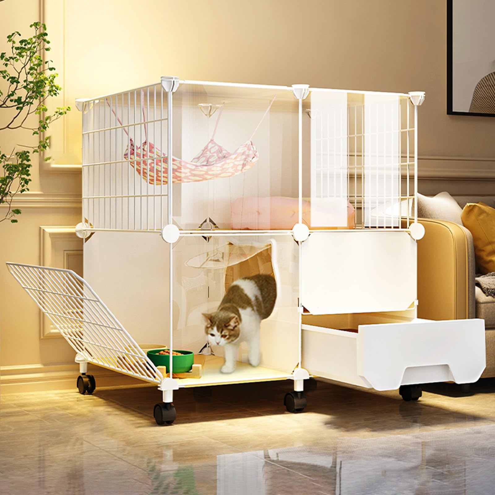 Grand parc à chat pour salon : cage transparente avec plateformes modulables