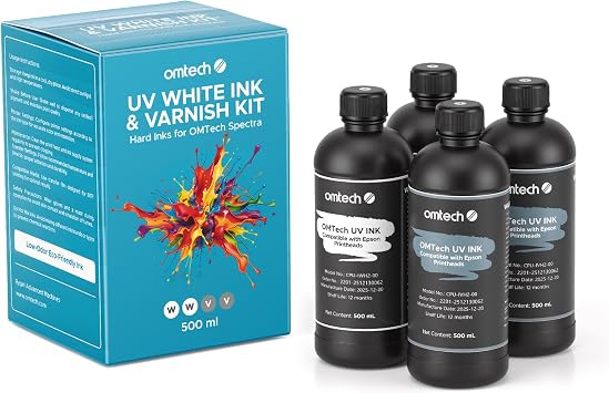 OMTech 500 ml UV Printer Ink Set, 2 White Inks & 2 Gloss Varnishes, 16.9 fl. oz. Low Odor UV Printer Ink for Acrylic Glass Metal, Compatible with F1080 I1600 XP600 I3200 L1800 L800 R1390 L1300 DX7