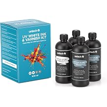 OMTech 500 ml UV Printer Ink Set, 2 White Inks & 2 Gloss Varnishes, 16.9 fl. oz. Low Odor UV Printer Ink for Acrylic Glass Metal, Compatible with F1080 I1600 XP600 I3200 L1800 L800 R1390 L1300 DX7