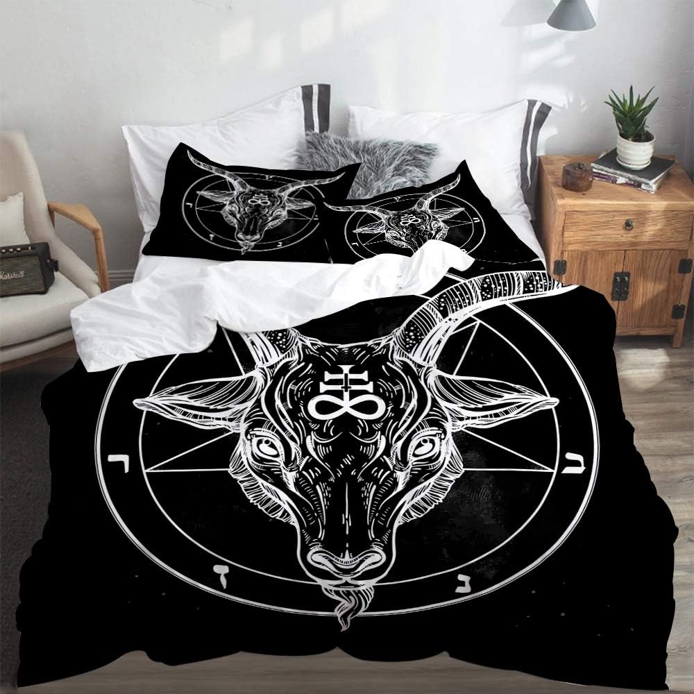 LASINSU Funda De Edredón,Pentagrama con Demonio Baphomet Cabeza de Cabra satánica Símbolo Binario Tatuaje Música Retro,3 Pcs Ropa de Cama Funda Nórdica Sábana Bajera (200 * 200CM)