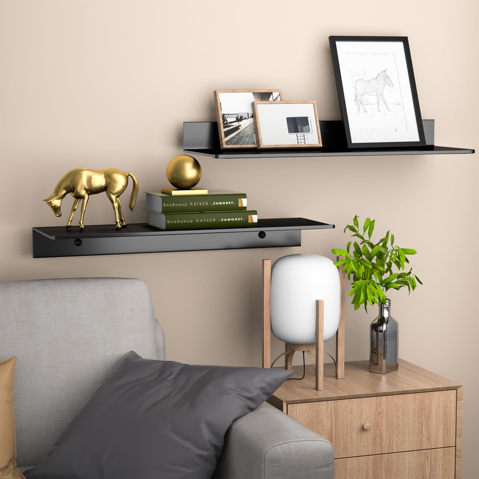 Wisfame Metal Wall Shelves, Black Floating Shelf for Wall Set of 2, Bathroom Shelves Wall Mounted Shelf - Image 2